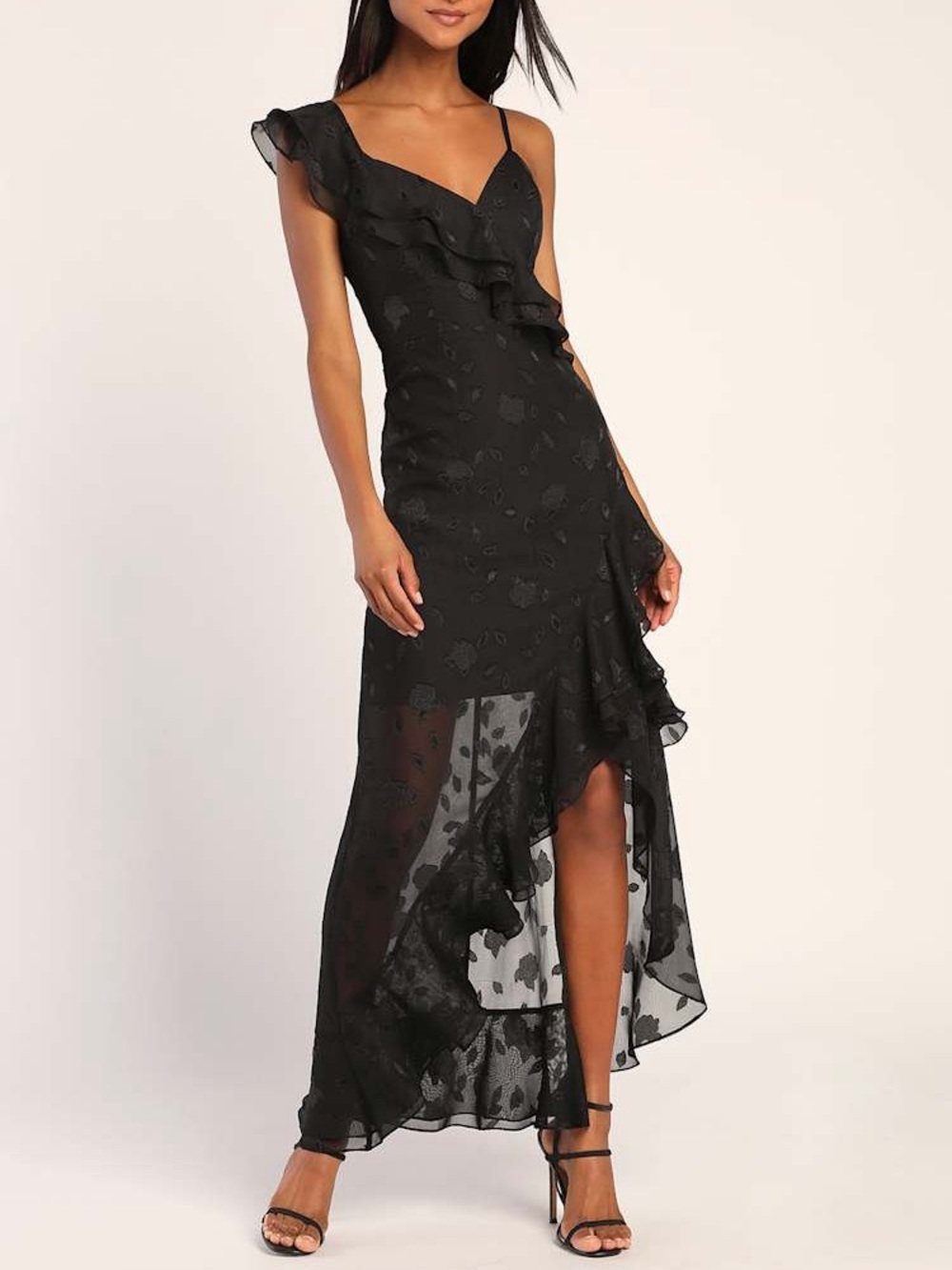 NWT Lulu’s Forever Be Black Floral Jacquard Ruffled Maxi Dress